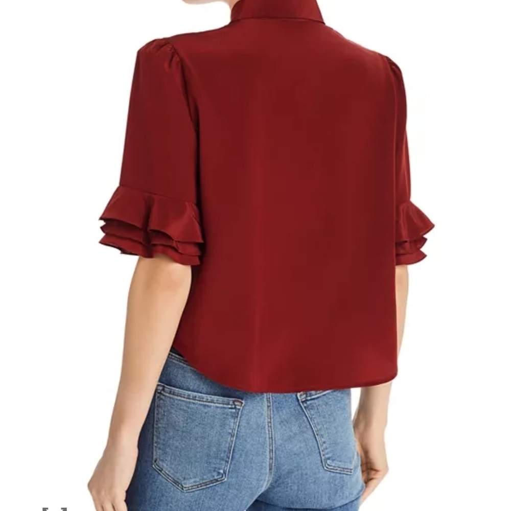 Frame Silk Red Button-Up Blouse with Ruffle Sleeves - Picture 2 of 4